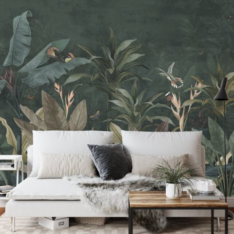 Fototapeta Wallpaper Palm Tropical Forest Vintage Jungle Pattern With Birds Dark Mood
