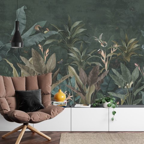 Fototapeta Wallpaper Palm Tropical Forest Vintage Jungle Pattern With Birds Dark Mood