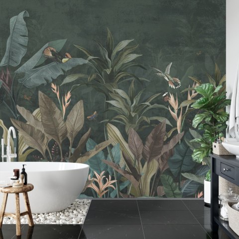 Fototapeta Wallpaper Palm Tropical Forest Vintage Jungle Pattern With Birds Dark Mood