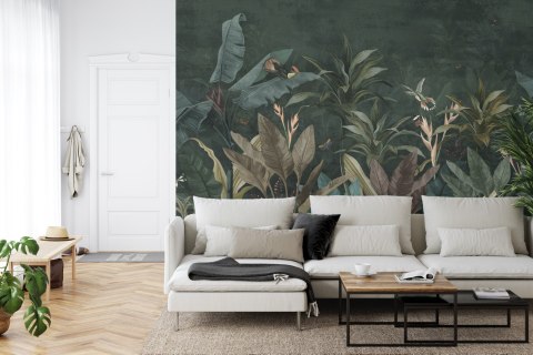 Fototapeta Wallpaper Palm Tropical Forest Vintage Jungle Pattern With Birds Dark Mood
