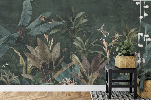 Fototapeta Wallpaper Palm Tropical Forest Vintage Jungle Pattern With Birds Dark Mood