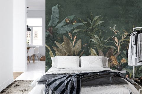 Fototapeta Wallpaper Palm Tropical Forest Vintage Jungle Pattern With Birds Dark Mood
