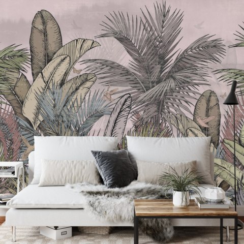 Fototapeta Pattern Wallpaper Jungle Tropical Drawings Of Palms Trees And Birds Of Different Colors With Birds And Pink Backgroun