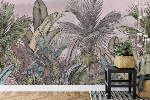 Fototapeta Pattern Wallpaper Jungle Tropical Drawings Of Palms Trees And Birds Of Different Colors With Birds And Pink Backgroun