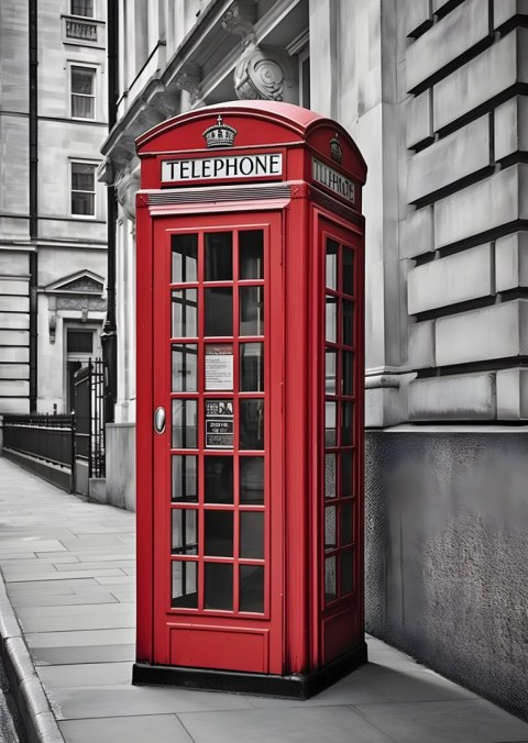 Plakat Czerwona Budka Telefoniczna Na Czarno Białej Ulicy