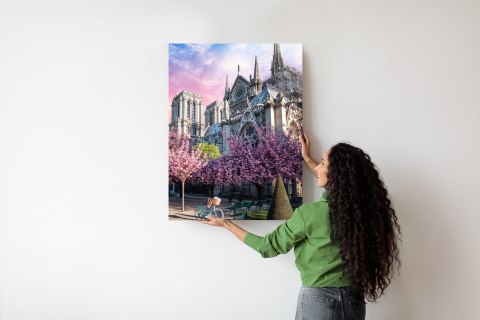 Plakat Katedra Notre Dame De Paris O Wschodzie Słońca I Kwitnące Wiśnie