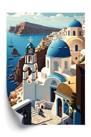 Plakat Architektura Santorini Z Widokiem Na Morze Egejskie