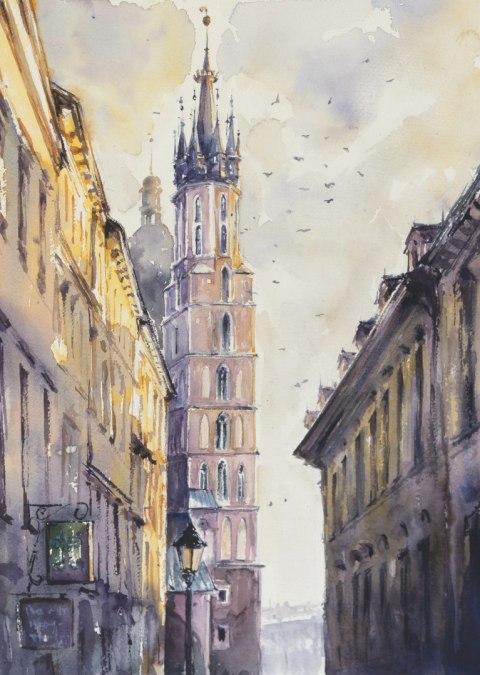 Plakat Florianska Street In Old Town, Kracow, Poland With Miariacki Church In Background.picture Created With Watercolors.