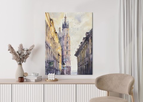 Plakat Florianska Street In Old Town, Kracow, Poland With Miariacki Church In Background.picture Created With Watercolors.