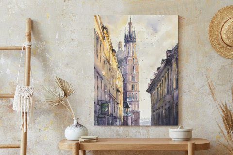 Plakat Florianska Street In Old Town, Kracow, Poland With Miariacki Church In Background.picture Created With Watercolors.