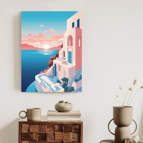 Plakat Ilustracja Z Zachodem Słońca Na Santorini