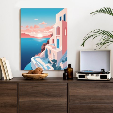 Plakat Ilustracja Z Zachodem Słońca Na Santorini
