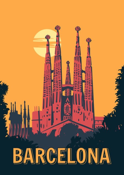 Plakat Kościół W Barcelonie O Zachodzie Słońca W Stylu Vintage
