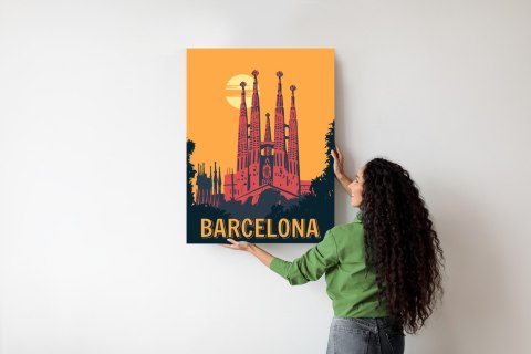 Plakat Kościół W Barcelonie O Zachodzie Słońca W Stylu Vintage