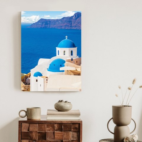 Plakat Krajobraz Santorini Z Białym Kościołem I Widokiem Na Błękitne Morze