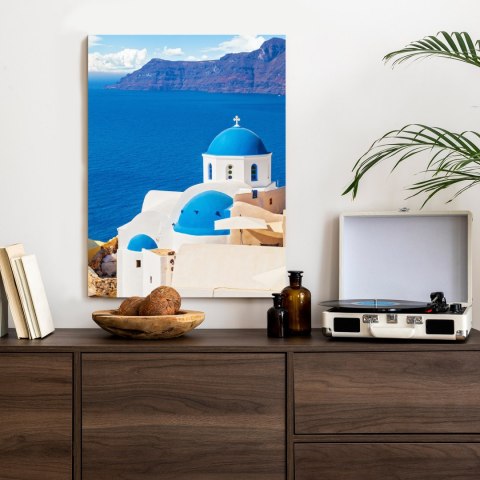 Plakat Krajobraz Santorini Z Białym Kościołem I Widokiem Na Błękitne Morze