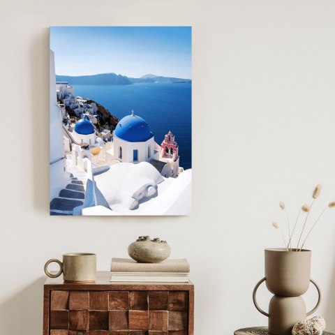 Plakat Tradycyjna Biała Architektura I Greckie Cerkwie Z Niebieskimi Kopułami