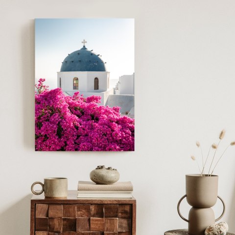 Plakat Typowa Architektura Santorini I Kwitnąca Bugenwilla