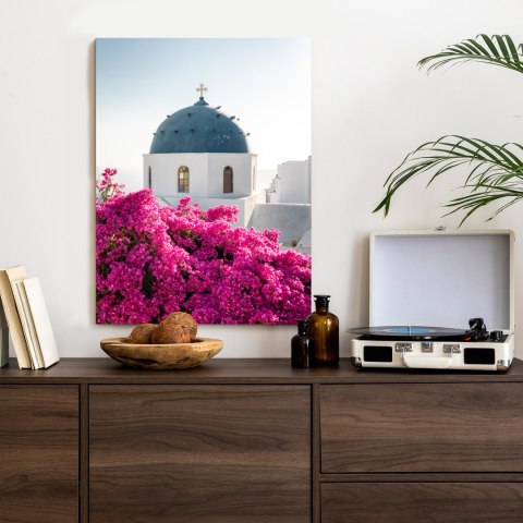 Plakat Typowa Architektura Santorini I Kwitnąca Bugenwilla