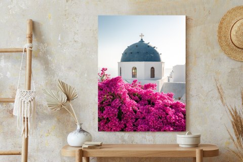 Plakat Typowa Architektura Santorini I Kwitnąca Bugenwilla
