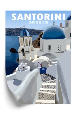 Plakat Typowe Greckie Budynki Z Niebieskimi Dachami Na Santorini