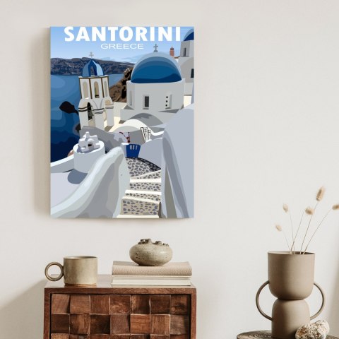 Plakat Typowe Greckie Budynki Z Niebieskimi Dachami Na Santorini