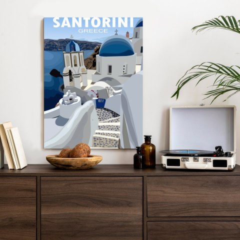 Plakat Typowe Greckie Budynki Z Niebieskimi Dachami Na Santorini