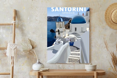 Plakat Typowe Greckie Budynki Z Niebieskimi Dachami Na Santorini
