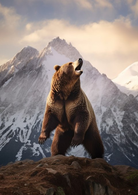 Plakat Niedźwiedź Grizzly Na Śnieżnym Paśmie Górskim