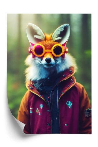 Plakat Portrait Of A Fox Wearing A Cyberpunk Headset, Neon Virtual Glasses, And Cyberpunk Gear. High-Tech Fox. The Concept Of Vi