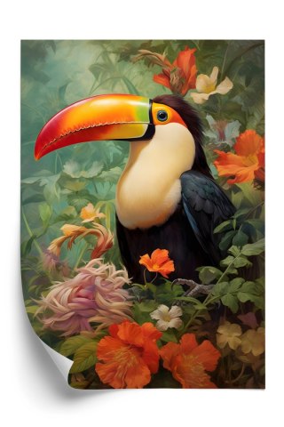 Plakat Ptak Tukan Pośród Bujnego Gobelinu Kolorowych Kwiatów