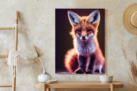 Plakat Red Fox Portrait. Cute Baby Of Fox Sitting On Stone. Adorable Furry Fox Pup.
