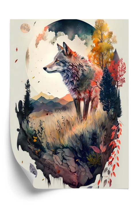 Plakat Kolorowy Wilk W Naturalnym Krajobrazie