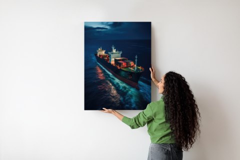Plakat Statek Towarowy Na Morskich Wodach Nocą