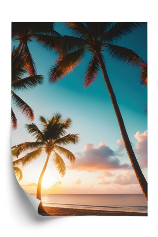 Plakat Tropikalna Plaża Z Palmami O Zachodzie Słońca