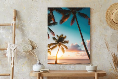 Plakat Tropikalna Plaża Z Palmami O Zachodzie Słońca