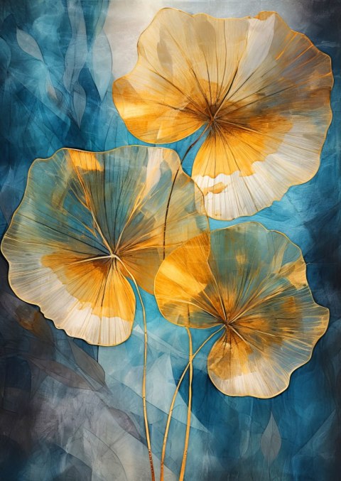 Plakat Abstrakcja Złote Liście Na Niebieskim Tle