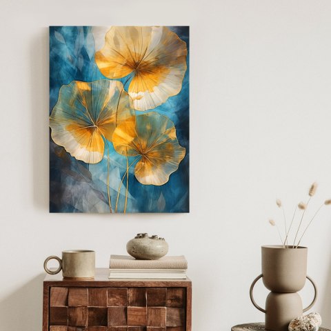 Plakat Abstrakcja Złote Liście Na Niebieskim Tle