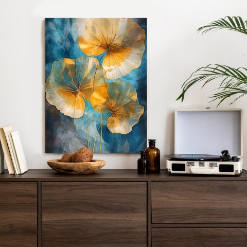 Plakat Abstrakcja Złote Liście Na Niebieskim Tle