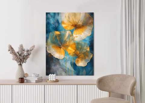 Plakat Abstrakcja Złote Liście Na Niebieskim Tle