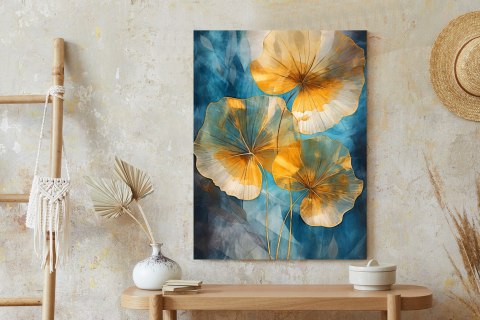 Plakat Abstrakcja Złote Liście Na Niebieskim Tle