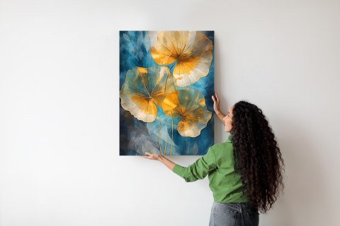 Plakat Abstrakcja Złote Liście Na Niebieskim Tle