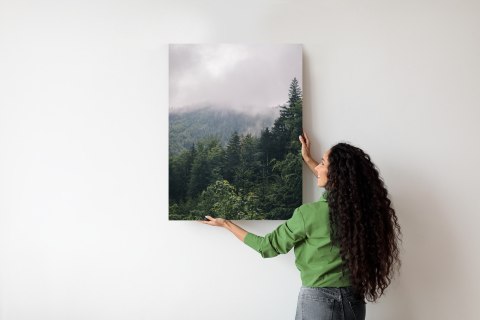 Plakat Poranek W Górach Z Mgłą Nad Zielonym Lasem