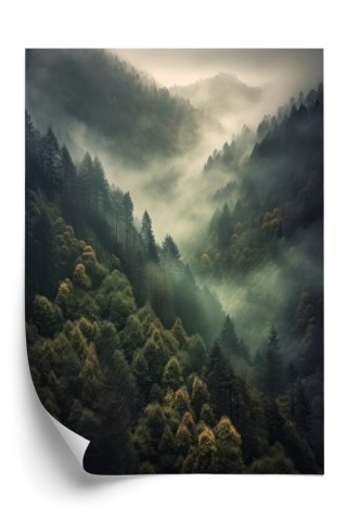 Plakat Porośnięte Lasem Górskie Wzgórza Krajobraz We Mgle