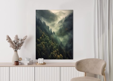 Plakat Porośnięte Lasem Górskie Wzgórza Krajobraz We Mgle