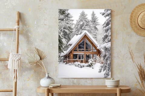 Plakat Skandynawski Domek Pokryty Śniegiem W Zimowym Lesie