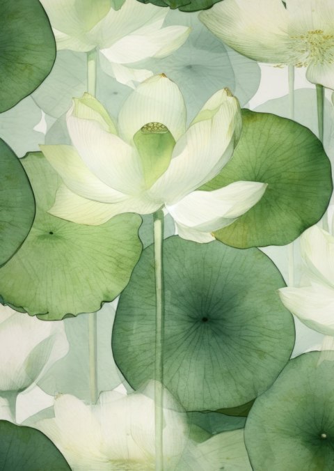 Plakat Biały Kwiat Lotosu I Zielone Liście Akwarela