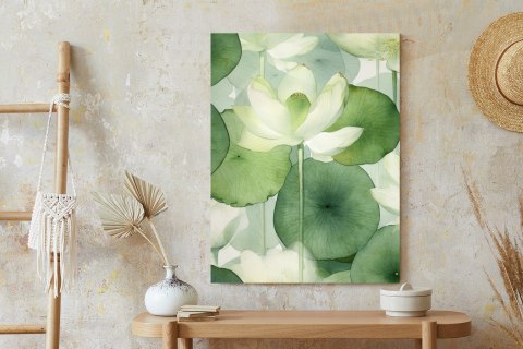 Plakat Biały Kwiat Lotosu I Zielone Liście Akwarela