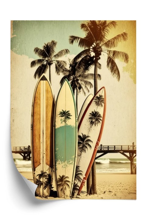 Plakat Deski Surfingowe Na Plaży Oparte O Palmy