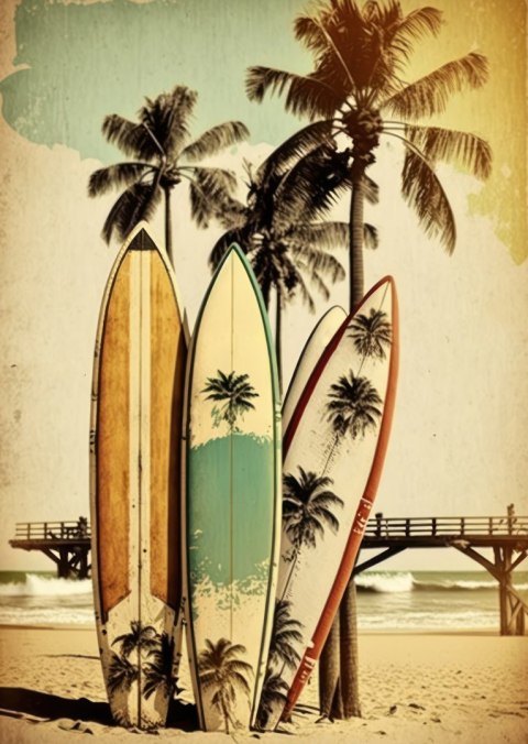 Plakat Deski Surfingowe Na Plaży Oparte O Palmy